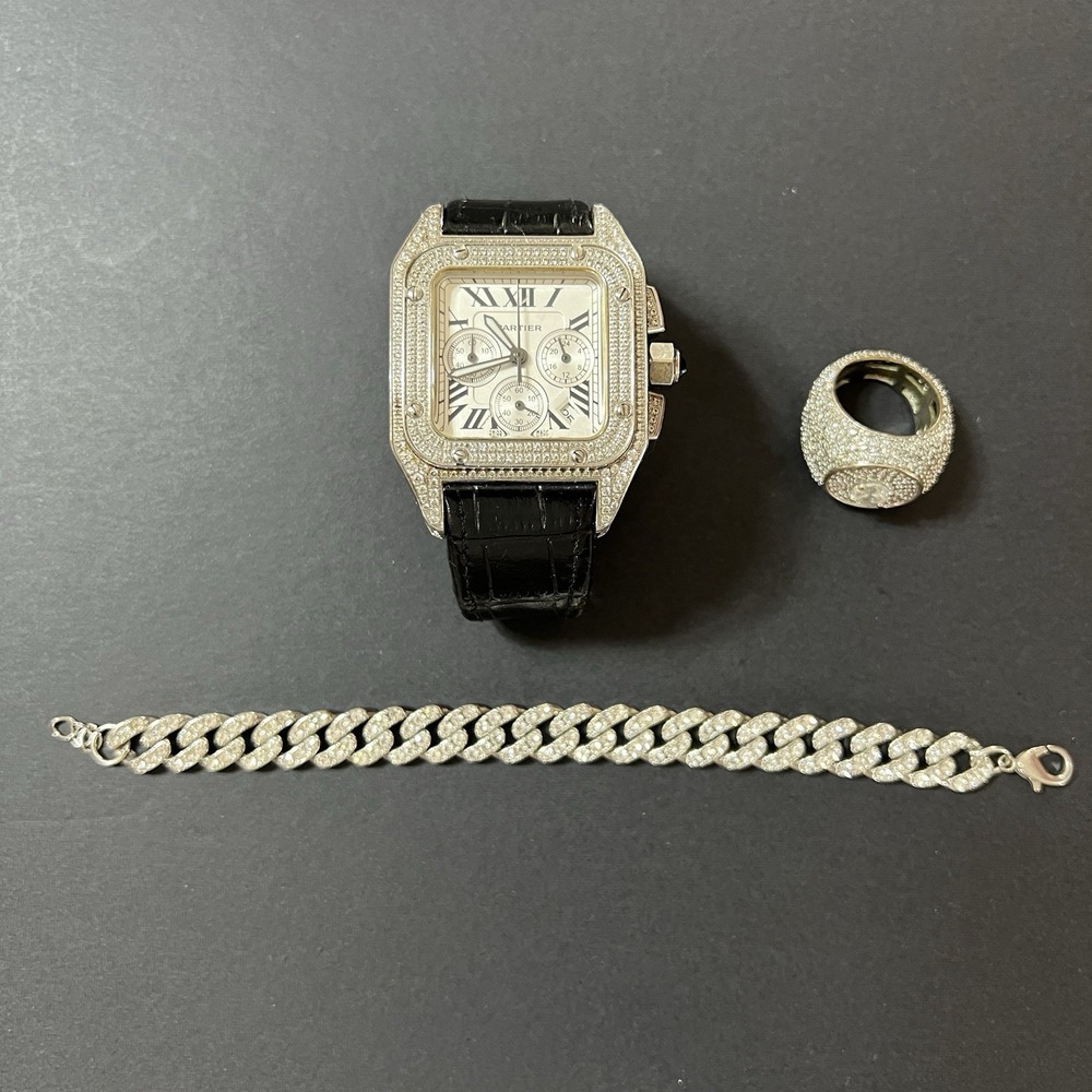 Iced Out Watch Ring Bracelet Hip Hop Luxury Fashion Watch Men's Stainless Steel